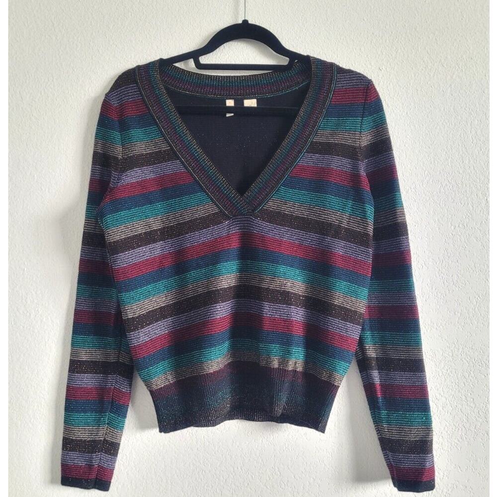 Moth Anthropologie Striped Metallic Rainbow V-Neck Sweater Size XS Twee Preppy
